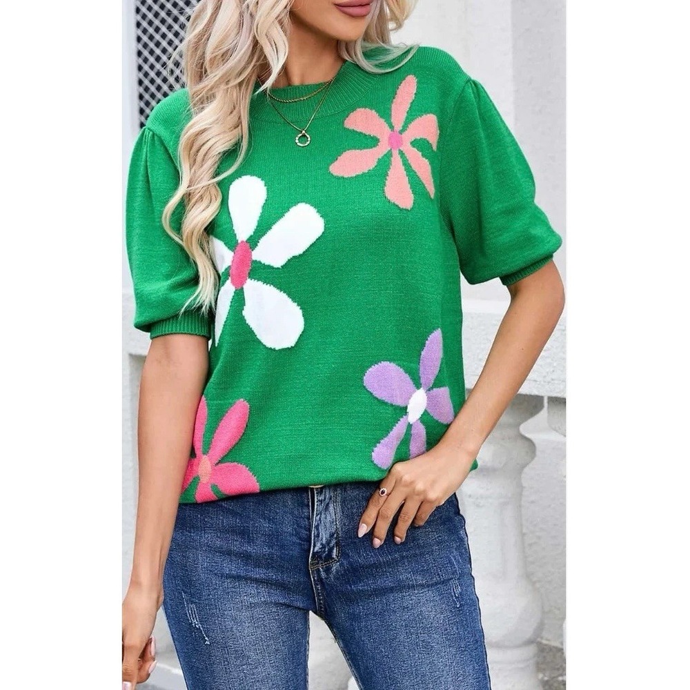 Women's Puff Short Sleeve Mock Neck Sweater - SMALL - Green Floral